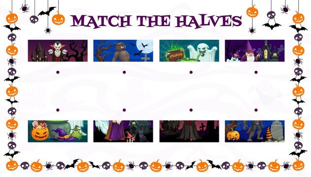 Find two halves vector Halloween kids maze game. Educational matching game, logic puzzle or riddle, worksheet template of connect pictures with cartoon Halloween pumpkins, witch, ghost and vampire