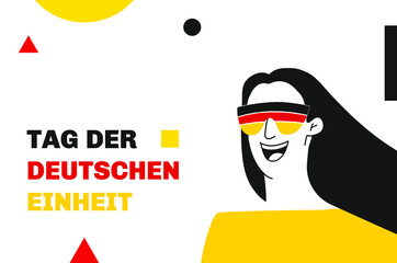 German Unity Day greeting card. Text in German: Day of German unity. Happy girl in glasses.  Vector illustration