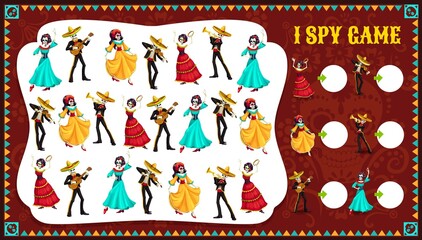 I spy game Dia de Los Muertos characters, vector educational kids riddle with mariachi and Catrina skeletons dance and playing instruments, puzzle. How many Mexican musicians and dancers riddle page