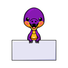 Cute purple little dinosaur cartoon with blank sign