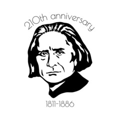 Vector portrait of composer and musician Franz Liszt. Hungarian-German conductor, pianist, teacher, publicist, major representative of musical romanticism. A world famous personality.