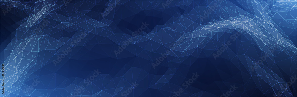 Poster abstract blue background. dark low poly triangle pattern. virtual computer landscape. technology sty