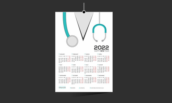 cyan colored 12 month 2022 wall vector doctor calendar design