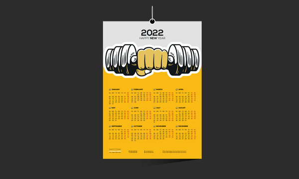 yellow colored gym company 12 month 2022 vector wall calendar design