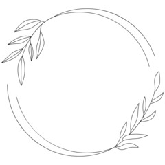 Fototapeta na wymiar Floral Wreath branch in hand drawn style. Floral circle white and black. frame of twigs, leaves and flowers. Frames for the Valentine's day, wedding decor, logo and identity template.