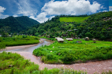 Beautiful scenery in the countryside Green fields and barns