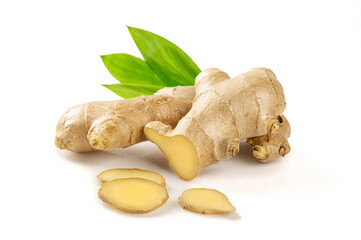 Ginger root with slices and leaves isolated on white background