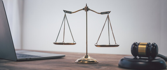 Scales of justice on table.evidence-based cases and documents taken into account. Law concept