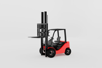 Forklift isolated in white background with copy space. 3d render illustration. Concept for storage, transportation, industry, warehouse, factory.