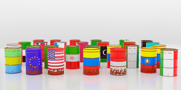 Crude oil barrels with differents country flags. Concept for economy, finance, commerce, trade, gasoline, international, world. 3d render illustration.