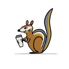 Funny Chimpank with coffee cup. Ground Squirrel. Sketch for your design
