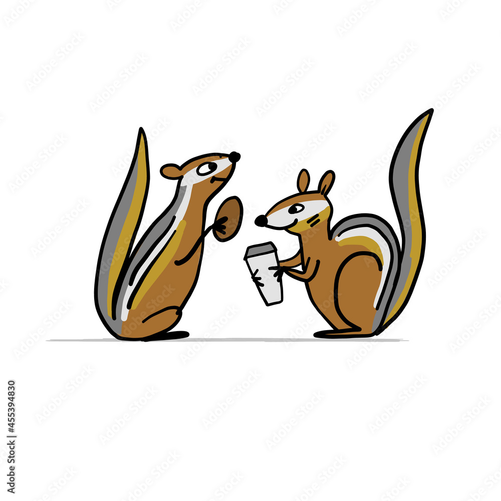 Poster funny chimpank family with nuts. ground squirrel. sketch for your design