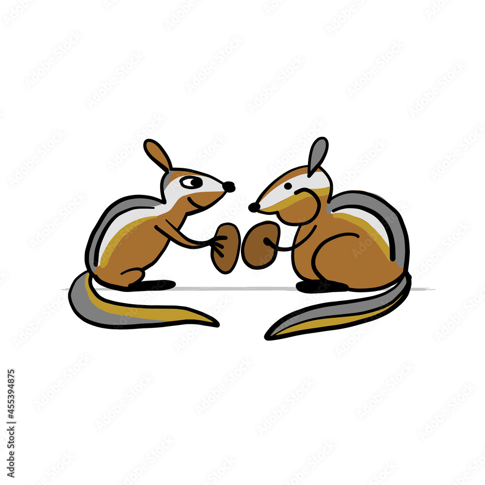 Poster funny chimpank family with nuts. ground squirrel. sketch for your design