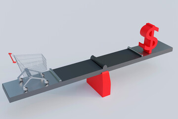 Seesaw with a shopping cart in one side and a money sign in the other isolated in white background with copy space. 3d render illustration.