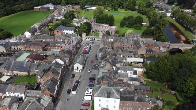 Appleby in Westmorland market town high street n Cumbria England aerial footage

