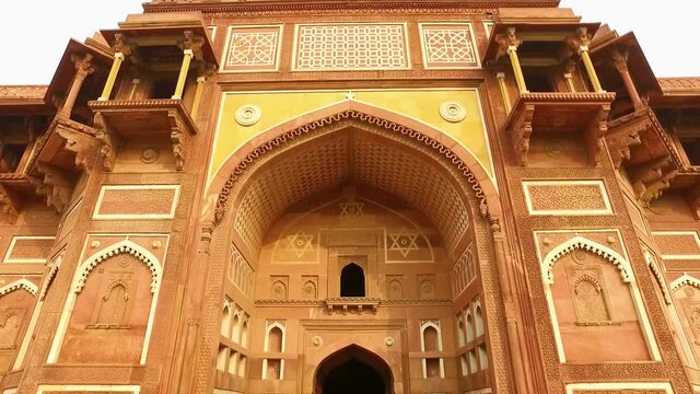 The Ancient Entrance of Jahangir Palace in Agra, India with Panning Down Shot