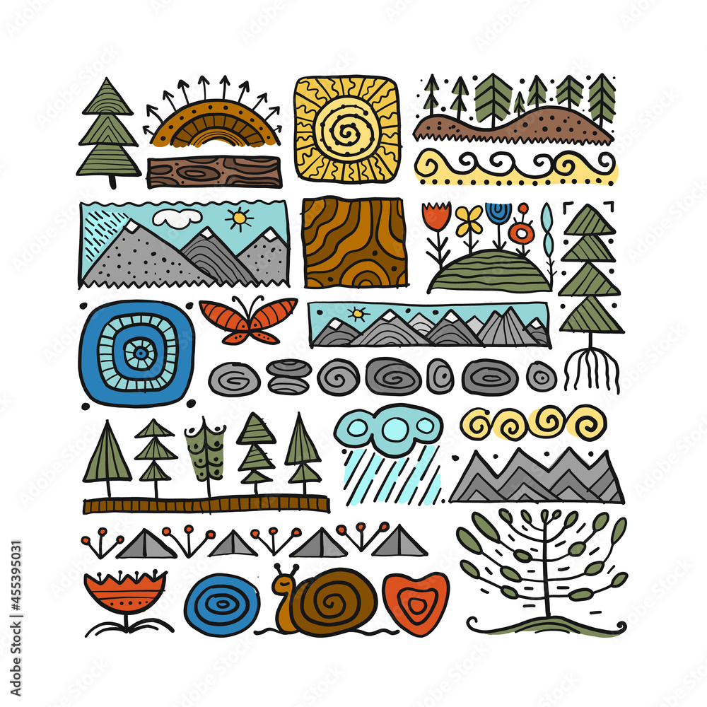 Poster abstract nature frame for your design. forest and mountain icons. ethnic style