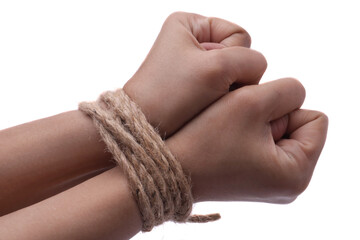 Person hands tied with rope isolated on white background, captive victim restrained