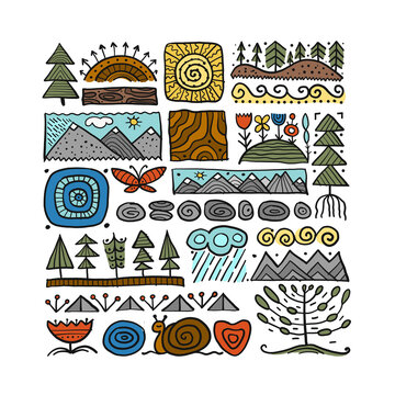 Abstract Nature Frame for your design. Forest and Mountain icons. Ethnic style