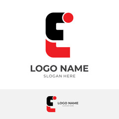 letter E logo design with flat black and red color style
