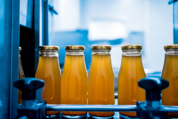 Factory interior of beverage, Production line of manufacturing and packaging juice products, Close up, Glass bottles with screw caps standing on a conveyor belt.