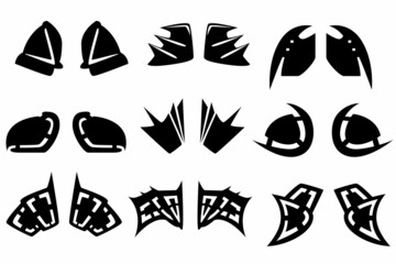 A set of nine silhouettes of the elements of the armor on the shoulders for games, web sites, design and more.