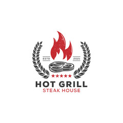 Hot grill steak house vintage logo designs, meat grill restaurant rustic vector illustration