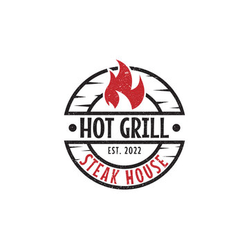 Rustic Hot grill steak house logo design, bar and grill vector illustration, best for food restaurant sign symbol