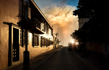 Mexico, Mazatlan, Colorful old city streets in historic city center near El Malecon and ocean shore.