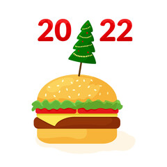 Christmas cheeseburger. 2022 fast food. Holiday banner for New Year. Celebration illustration