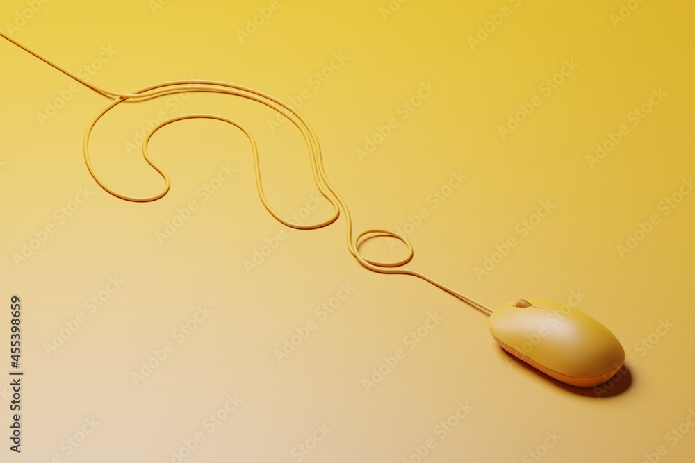 Aufkleber isometric 3d rendering mouse yellow color with question mark made from cable, information data searc