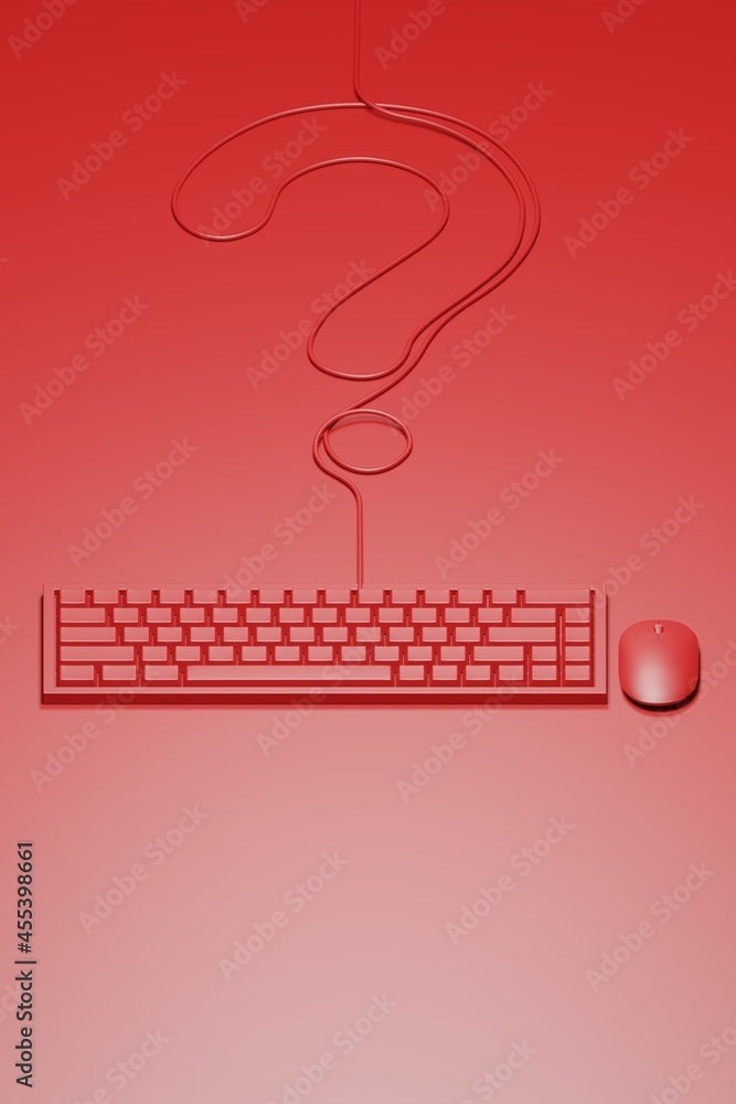 Fototapete isometric 3d rendering mouse and keyboard red color with question mark made from cable, information 