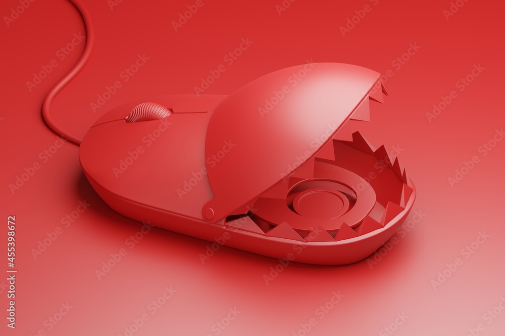 Aufkleber isometric 3d rendering mouse red color with trap, internet technology fake news in social media conc