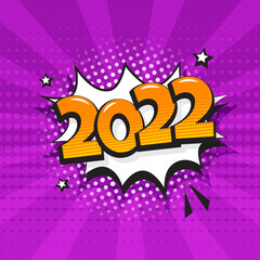 2022 comic speech bubble New Year vector icon on purple background. Comic sound effect, stars and halftone dots shadow in pop art style. Holiday illustration