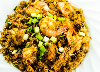 Close up fried rice with shrimp in bowl, Thai famous  food.