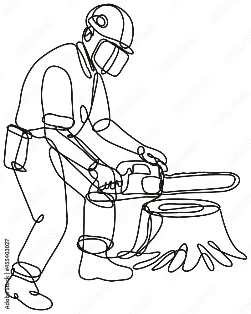 Poster continuous line drawing illustration of an arborist or tree surgeon with chainsaw done in mono line 