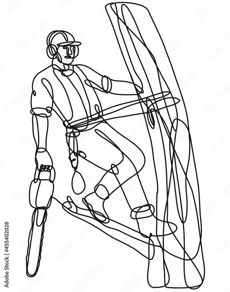 Poster continuous line drawing illustration of an arborist or tree surgeon climbing tree with chainsaw done