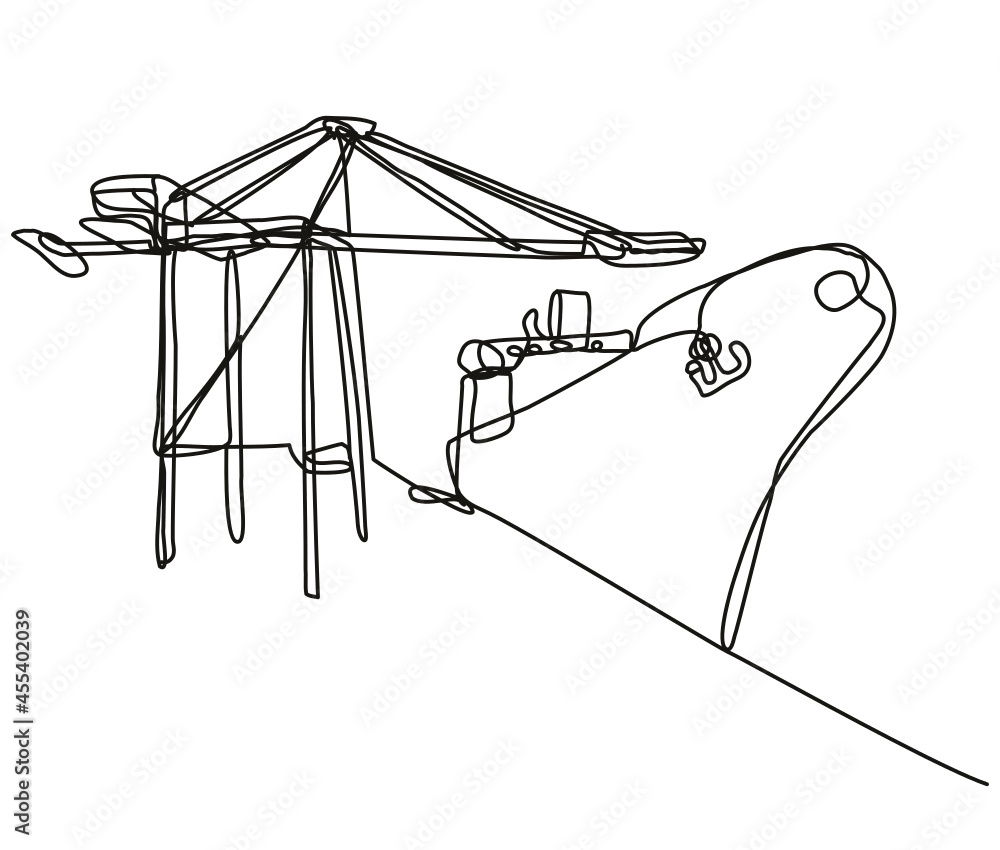 Poster continuous line drawing illustration of a boom crane loading a cargo ship done in mono line or doodl
