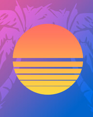 Retro 80's theme sun with palm trees