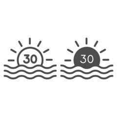 Sun with number 30 and sea sunrise line and solid icon, love and relationship concept, thirty vector sign on white background, outline style icon for mobile concept and web design. Vector graphics.