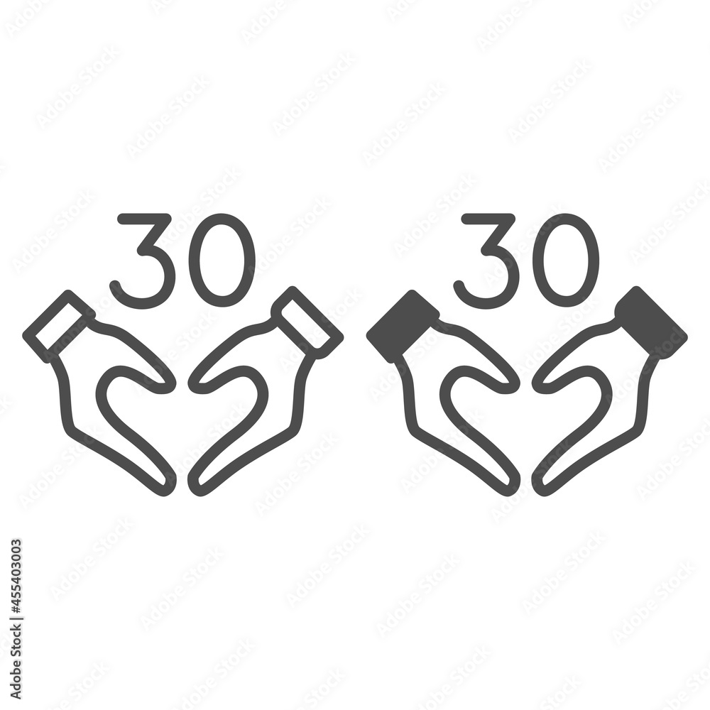 Poster hands in heart shape and number 30 line and solid icon, dating and relationship concept, thirty vect