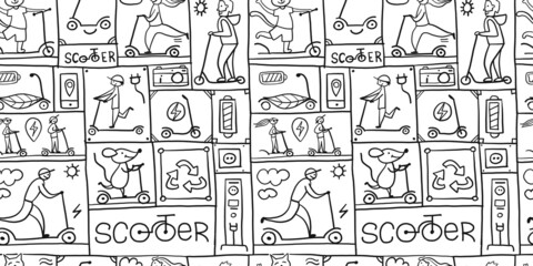 Scooter Comics Background. Ecological Green transport concept. Seamless pattern for your design. Colouring Page