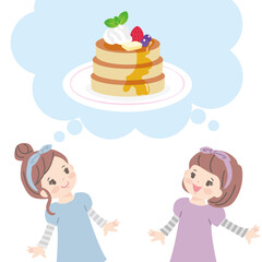 パンケーキを食べようと相談している笑顔のの子