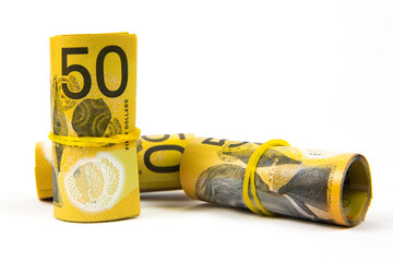 Studio Shot of Rolls of Australian Fifty Dollar Notes 