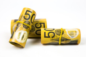 Studio Shot of Rolls of Australian Fifty Dollar Notes 
