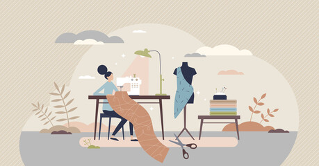 Sewing professional fashion clothes from textile material tiny person concept. Home work tailor scene with knitting, spool and machine for handcrafts vector illustration. Embroidery skill as hobby.
