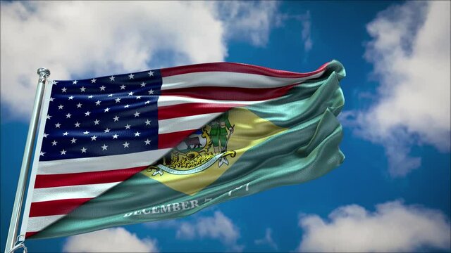Delaware Flag and United Stats of America flag waving with texture sky Cloud  Double flag