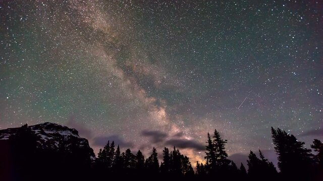 Time Lapse Lockdown Idyllic View Of milky way Sky Over Trees At Banff National Park - Alberta, Canada