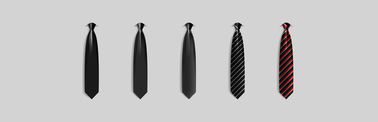 Set different black ties isolated on gray background. Colored tie for men