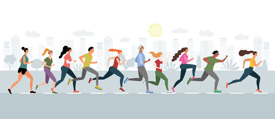 A group of athletic women and men running in the city